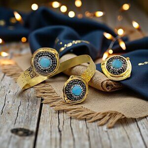 🆕 Boho Chic 18K Gold Plated Cuff & Ring Set With Turquoise & Hematite Stones